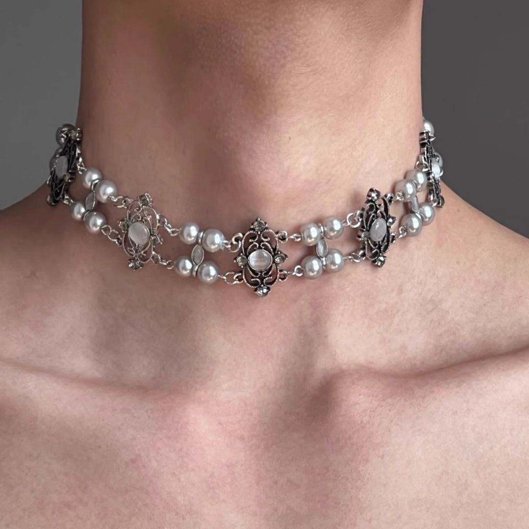 The Cord of Life – Vintage Pearl Choker with Cat’s Eye Stone