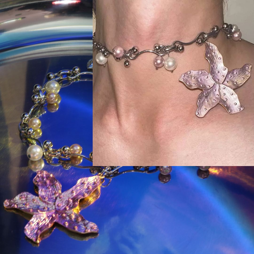 Revolver Lily – Choker with Baroque Pearls & Burnt Metal Bloom